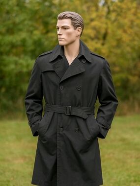 Men's Black Double-Breasted Trench Coat with Belt
